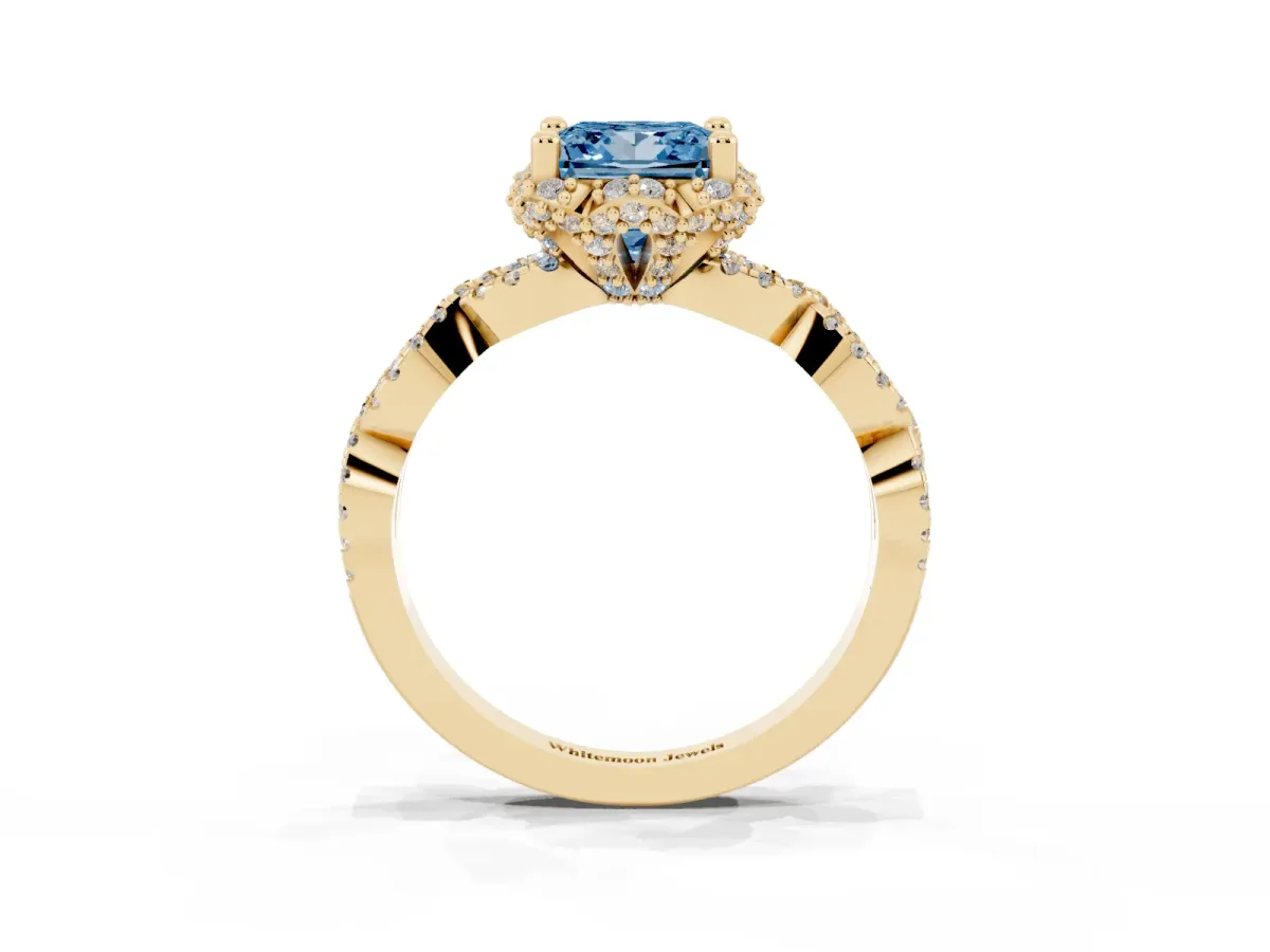 Fancy Blue Princess Cut Halo Twist Band Solitaire Ring with Six-Prong Setting Yellow gold