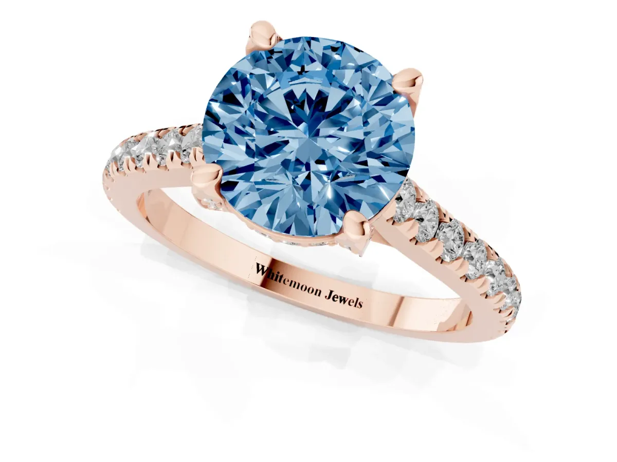 Fancy Blue Round Cut Brilliant Diamond Solitaire with Pavé Band and Four-Prong Setting Rose gold