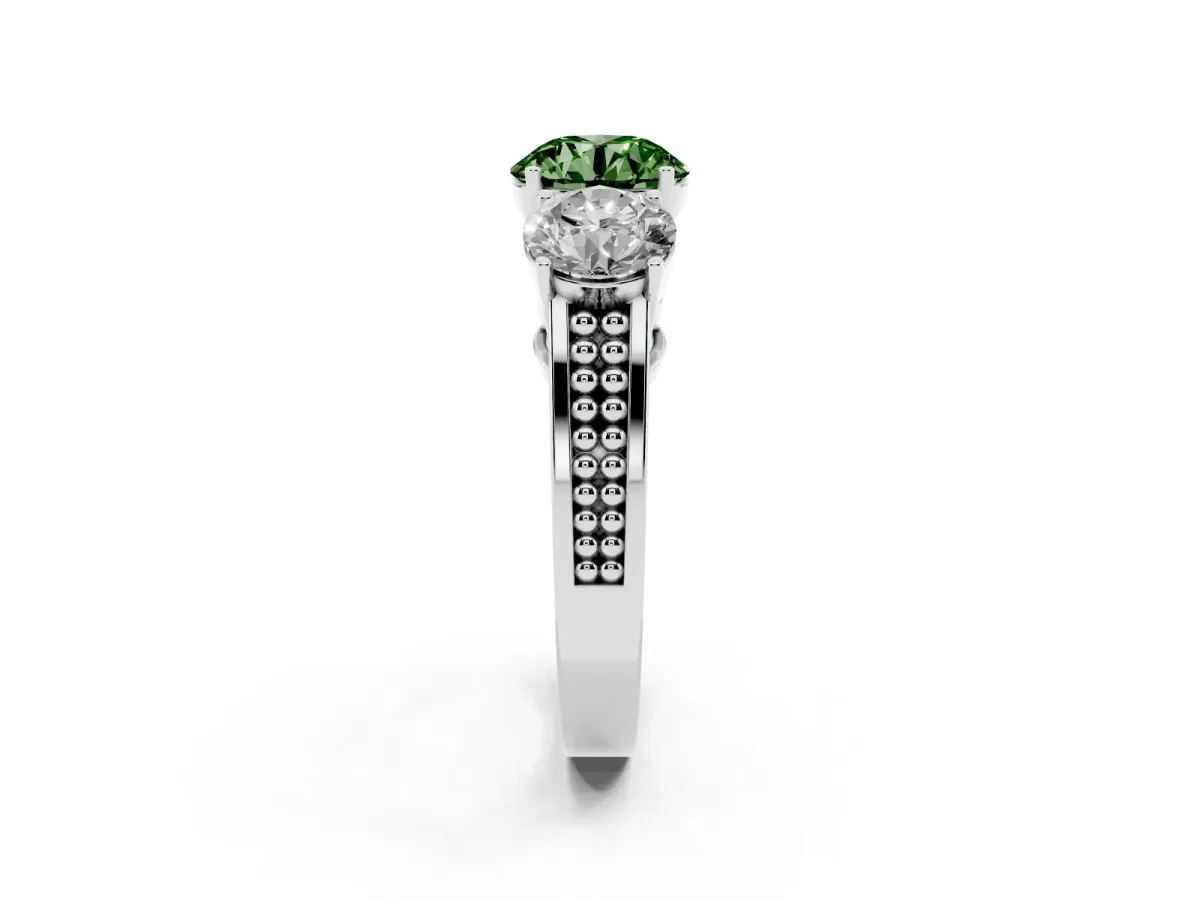 Fancy Green Round Cut Diamond Three-Stone Ring with Prong Setting and Textured Band Silver