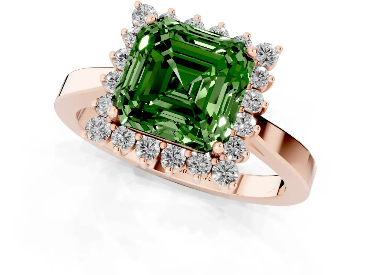 Fancy Green Asscher Cut Cut Diamond Halo Ring with Round Brilliant Halo and Solitaire Band Rose gold