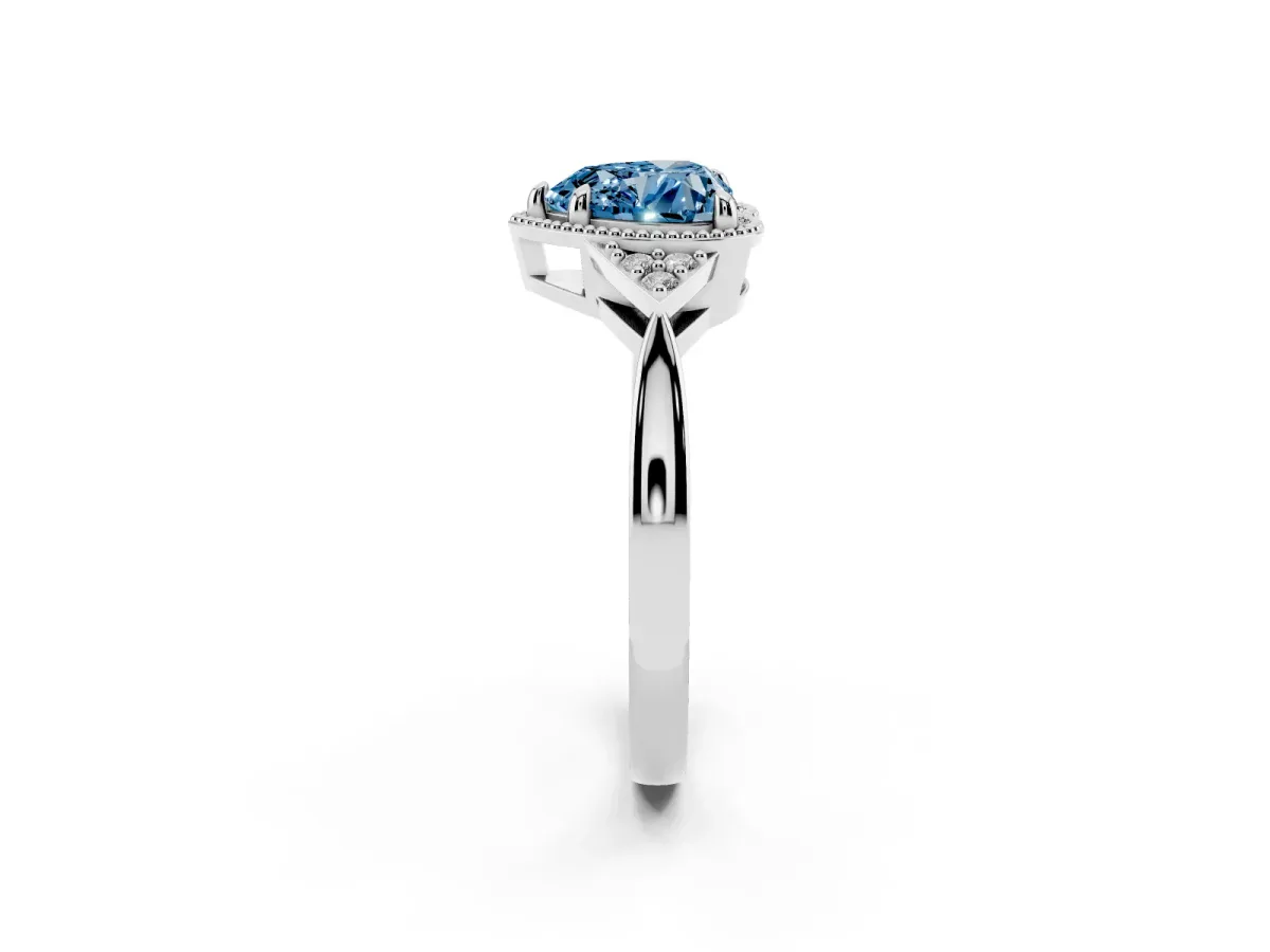 Fancy Blue Hexagonal Halo Heart Cut Diamond Solitaire with Pavé Band and Four-Prong Setting Silver