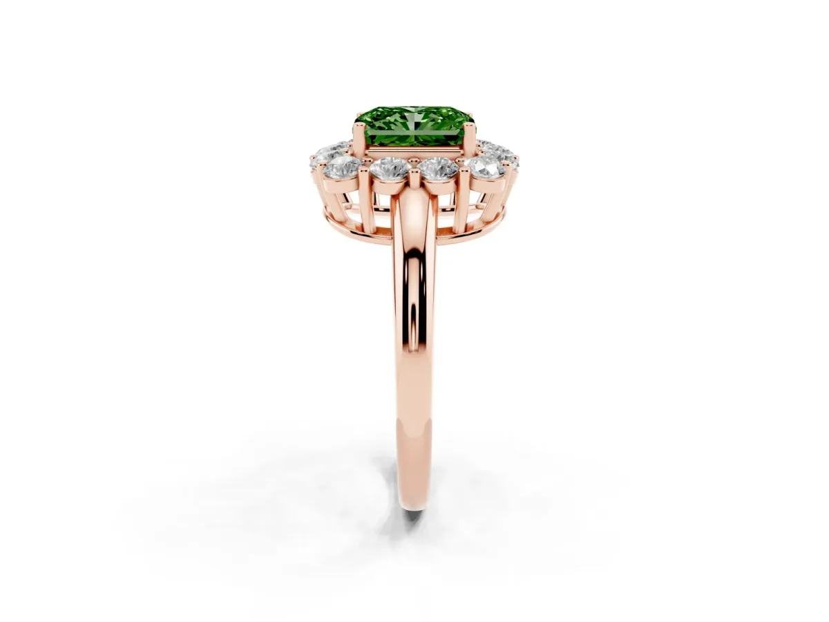 Fancy Green Radiant Cut Halo Cluster Diamond Engagement Ring with Prong Setting and Polished Band Rose gold