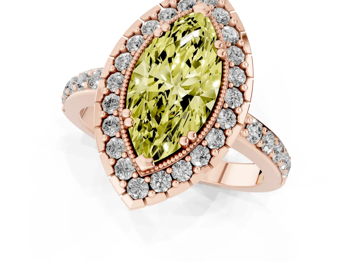Fancy Yellow Marquise Cut Diamond Halo Ring with Pavé Band and Prong Setting Rose gold