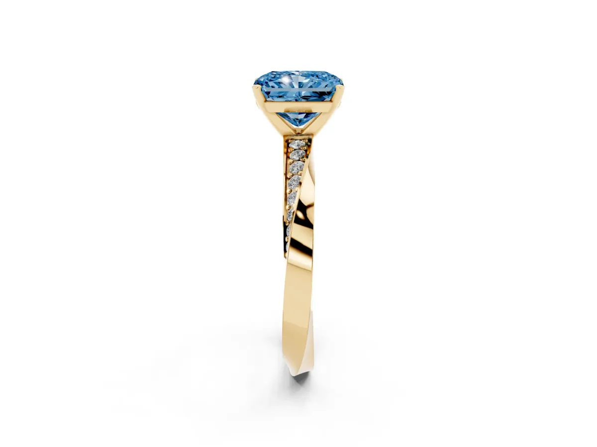 Fancy Blue Radiant Cut Diamond Engagement Ring with Side Stone Accents and Four-Prong Setting Yellow gold