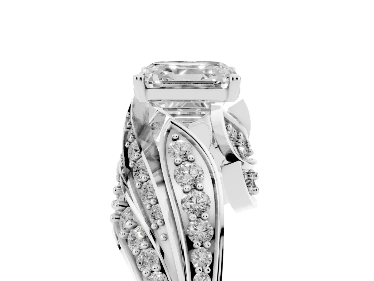 Asscher Cut Diamond Solitaire Ring with Prong Setting and Twisted Pavé Band Silver