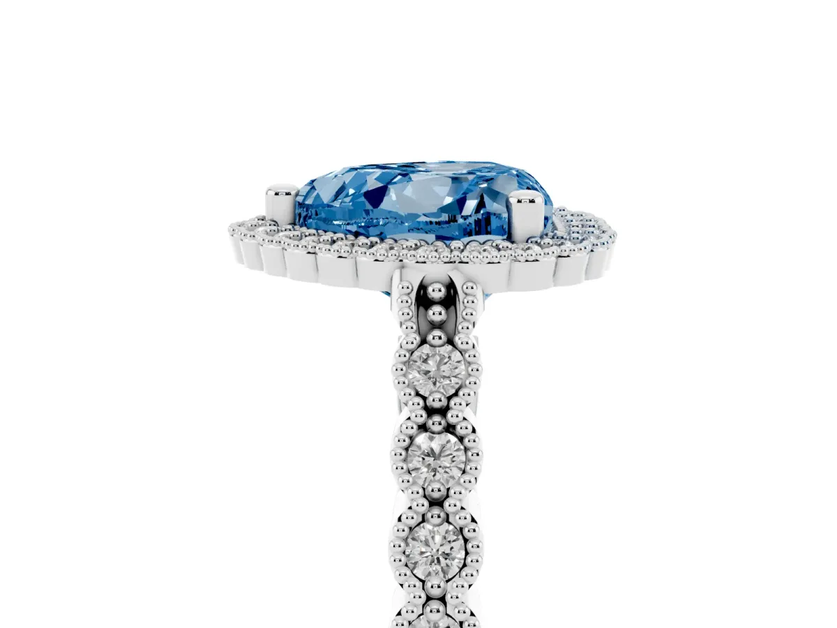 Fancy Blue Heart Cut Cut Halo Pavé Solitaire Ring with Milgrain Band Silver