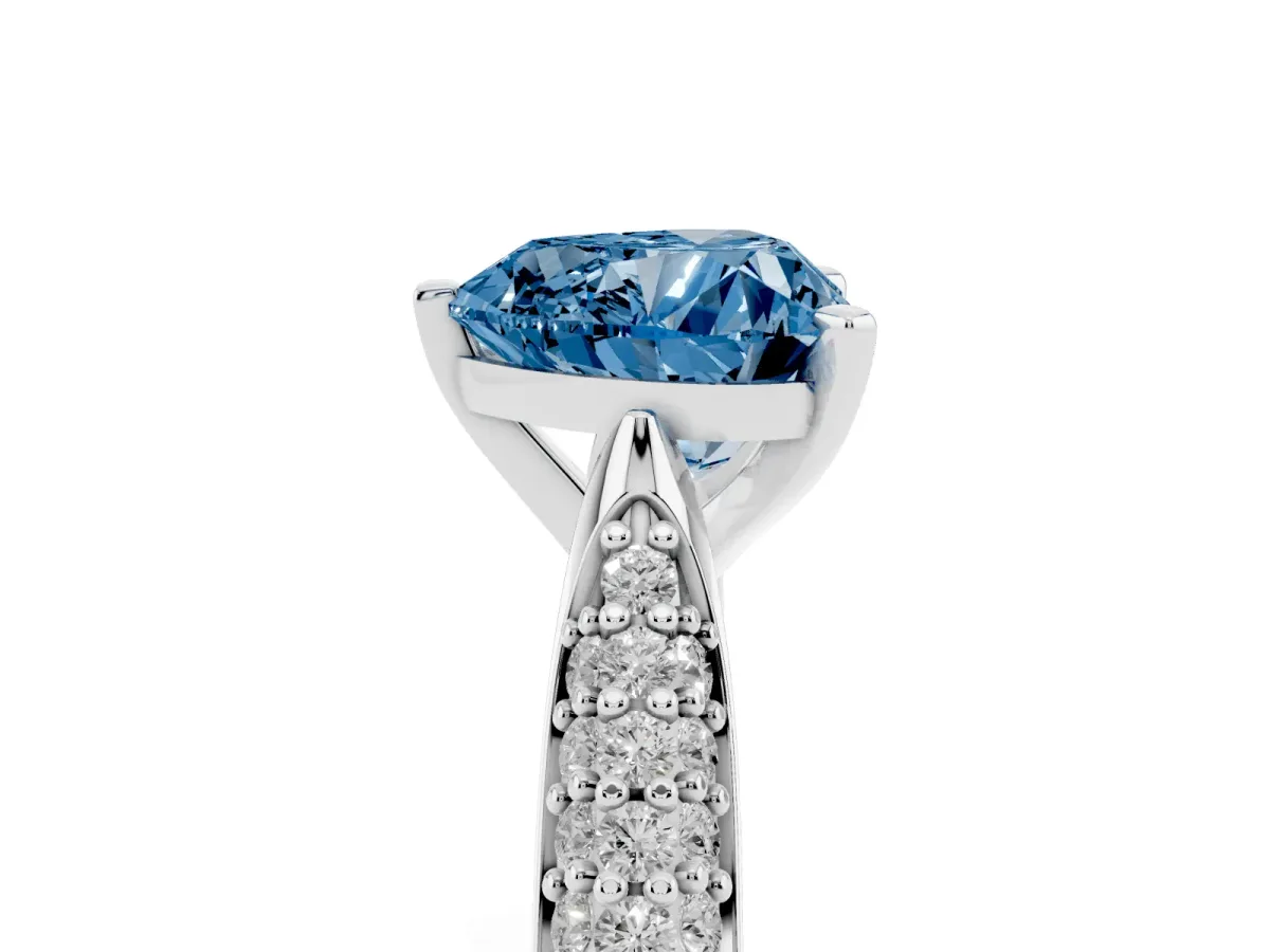 Fancy Blue Heart Cut Diamond Solitaire Engagement Ring with Multi-Row Round Pavé Band and Prong Setting Silver