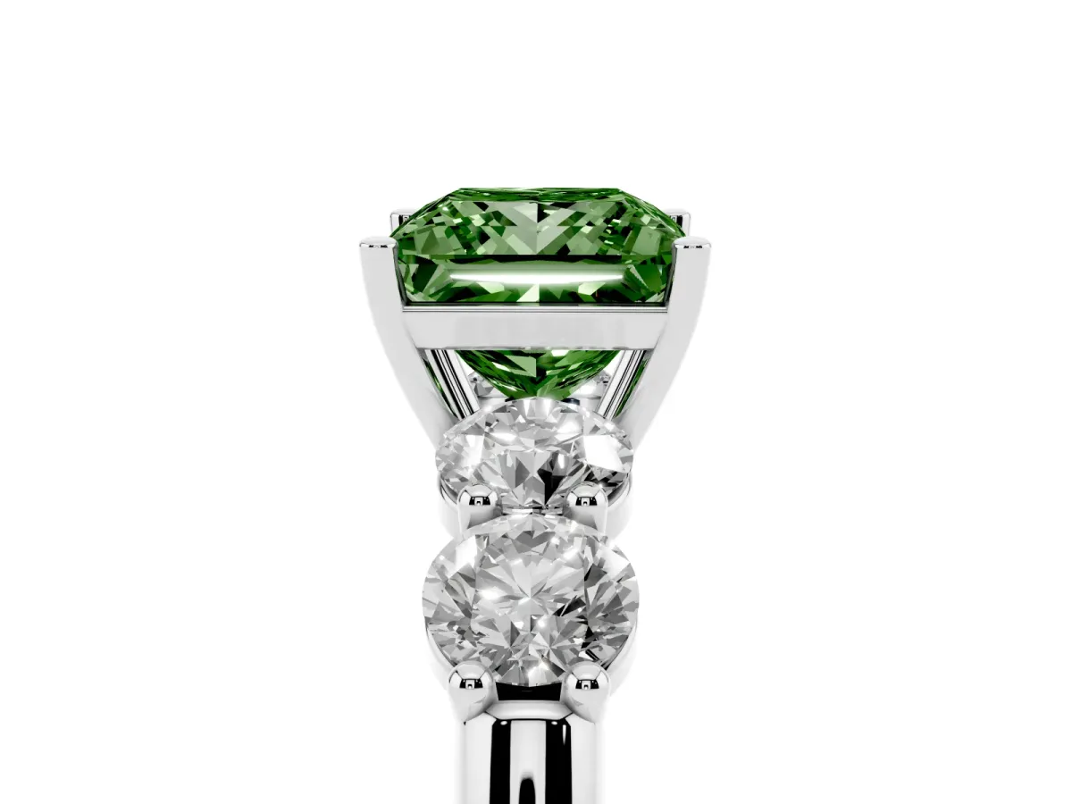 Fancy Green Princess Cut Cut Five-Stone Prong Set Diamond Ring with Classic Band Silver