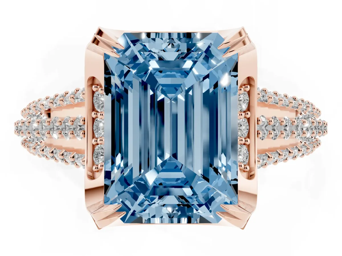 Fancy Blue Emerald Cut Solitaire Pave Split Shank Ring with Four-Prong Setting Rose gold