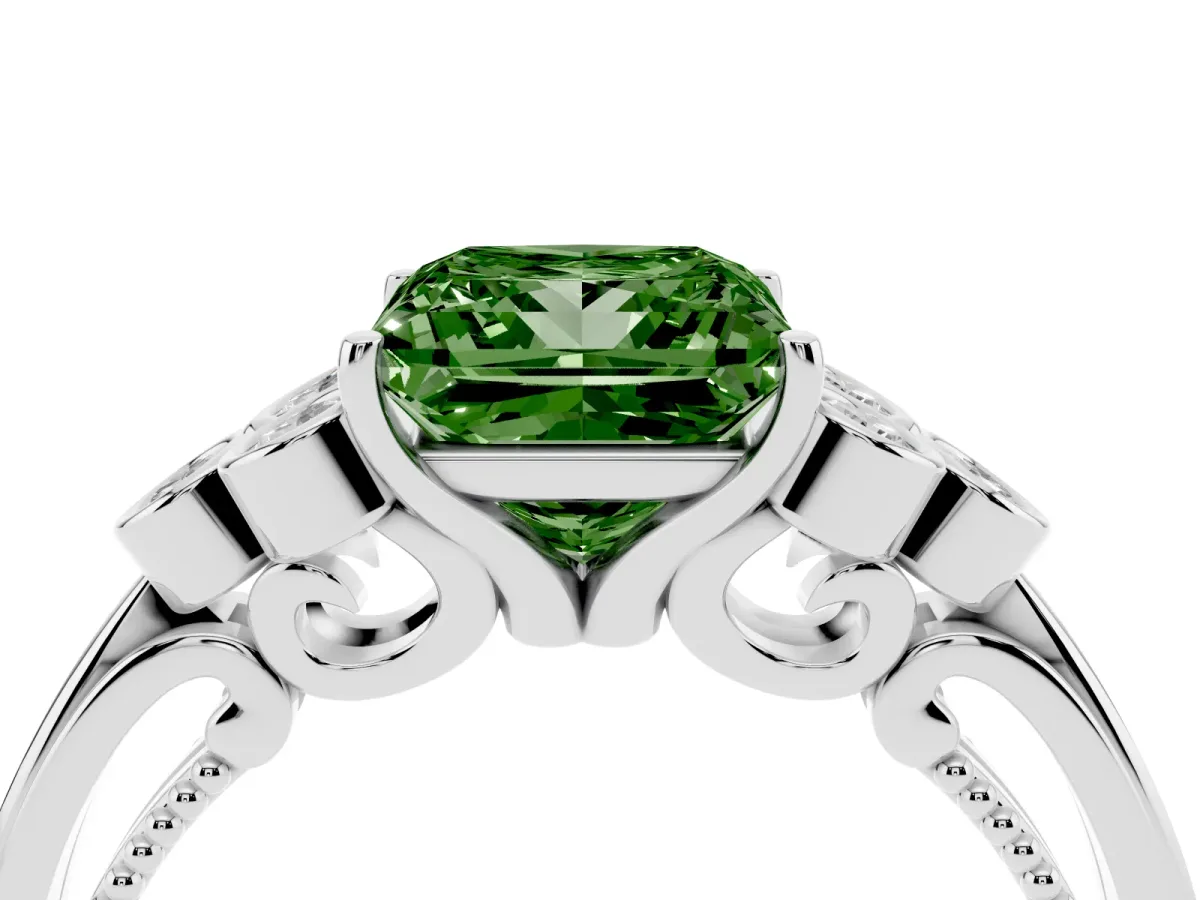 Fancy Green Princess Cut Cut Diamond Engagement Ring with Bezel Set Round Side Stones and Prong Setting Silver