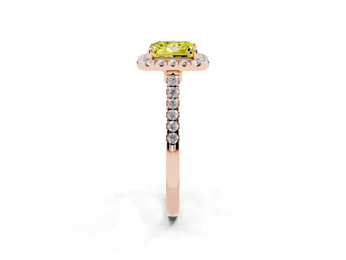 Fancy Yellow Princess Cut Halo Pave Diamond Engagement Ring with Four-Prong Setting Rose gold