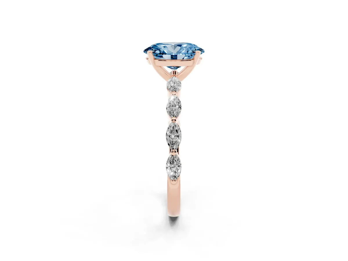 Fancy Blue Oval Cut Diamond Ring with Marquise Side Stones and Prong Setting Rose gold