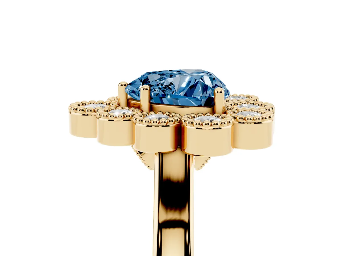 Fancy Blue Heart Cut Halo Diamond Cluster Engagement Ring with Milgrain Bezel Setting and Solitaire Band Yellow gold