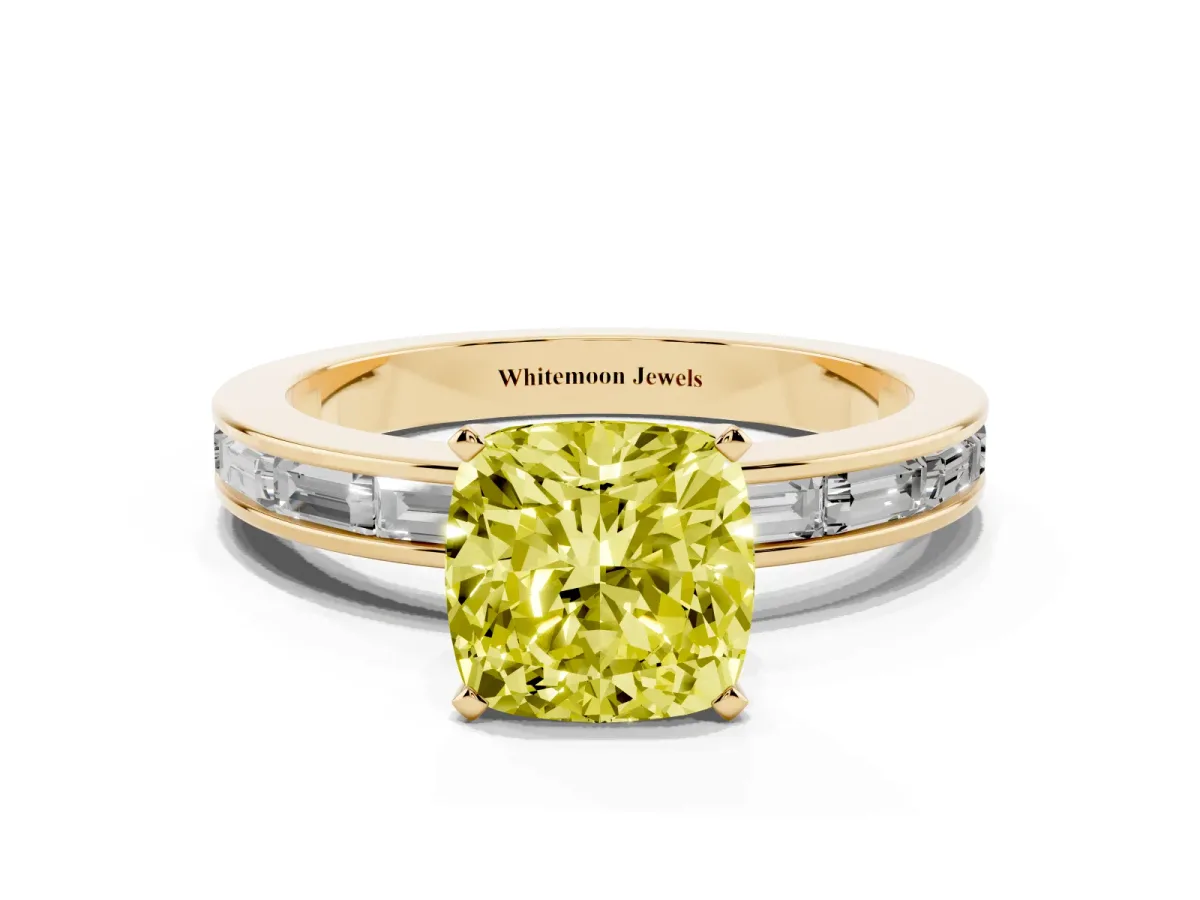 Fancy Yellow Cushion Cut Solitaire Diamond Ring with Channel-Set Baguette Band and Four-Prong Setting Yellow gold