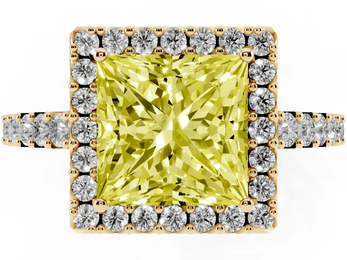 Fancy Yellow Princess Cut Halo Diamond Pavé Solitaire Ring Yellow gold