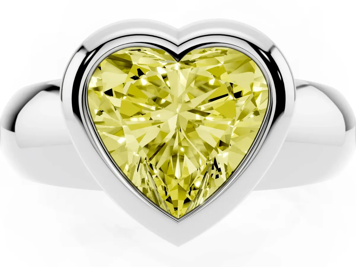 Fancy Yellow Bezel Set Heart Cut Solitaire Ring with Wide Band Silver