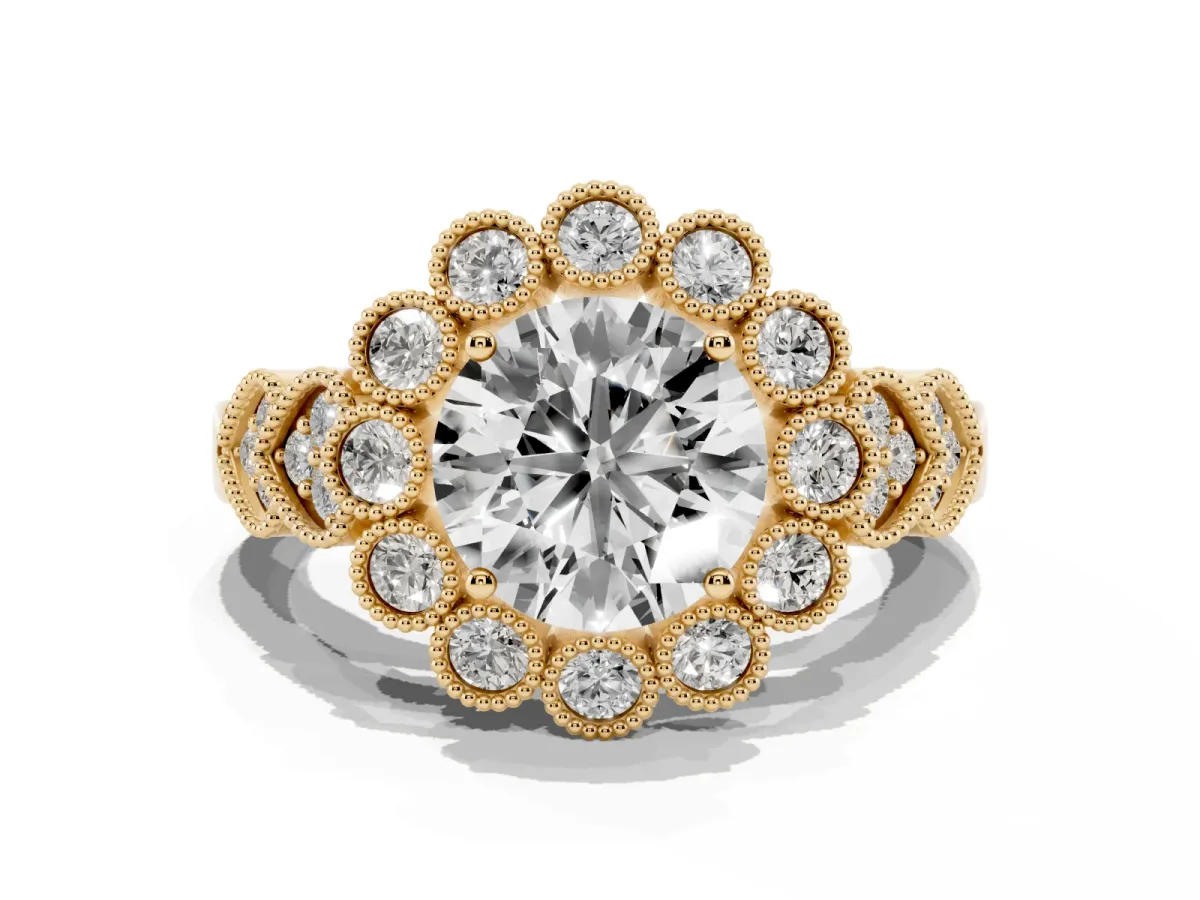 Round Cut Brilliant Milgrain Pave Heart Band Solitaire Ring Yellow gold