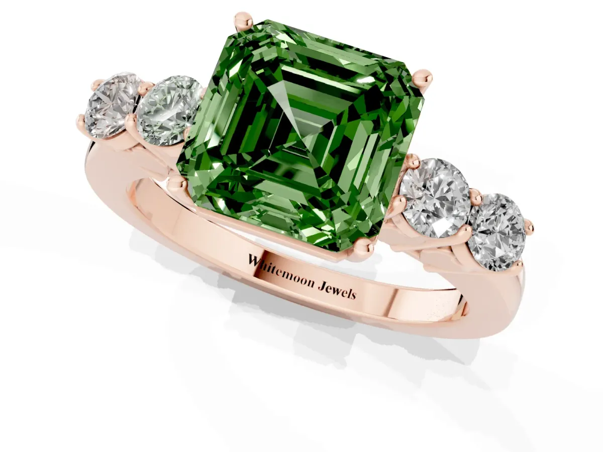 Fancy Green Asscher Cut Cut Diamond Five-Stone Prong Set White Gold Ring Rose gold