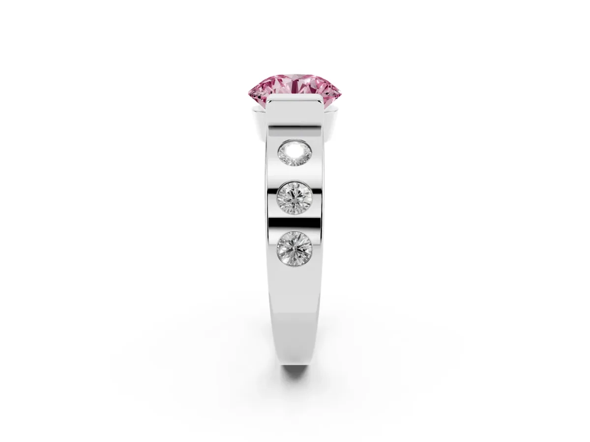 Fancy Pink Round Cut Brilliant Channel-Set Diamond Ring with Bezel Prong Setting Silver