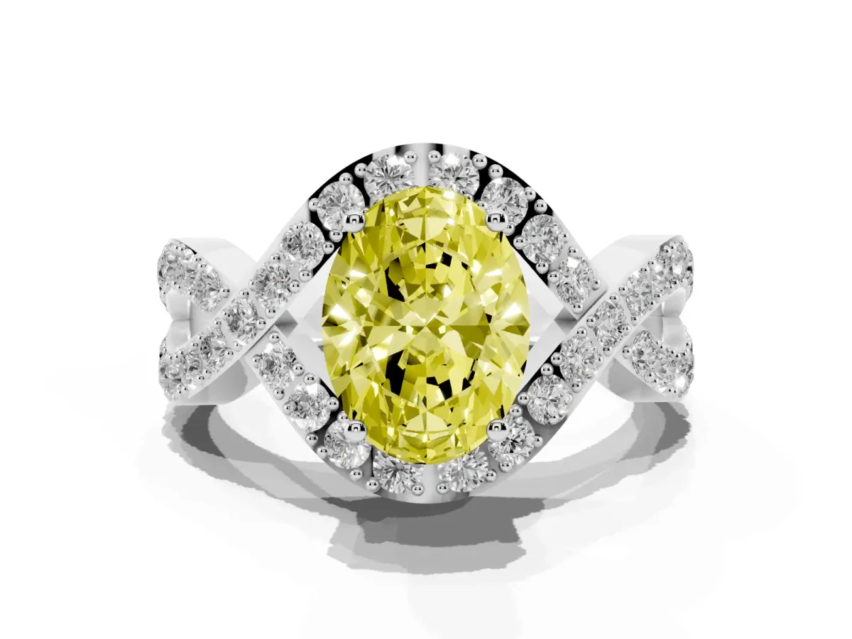 Fancy Yellow Oval Cut Solitaire Twist Band Pavé Diamond Engagement Ring Silver
