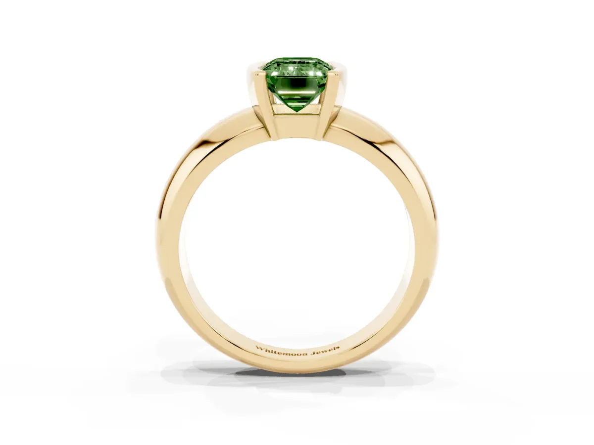 Fancy Green Emerald Cut Solitaire Tension Set Diamond Ring with Wide Band Yellow gold