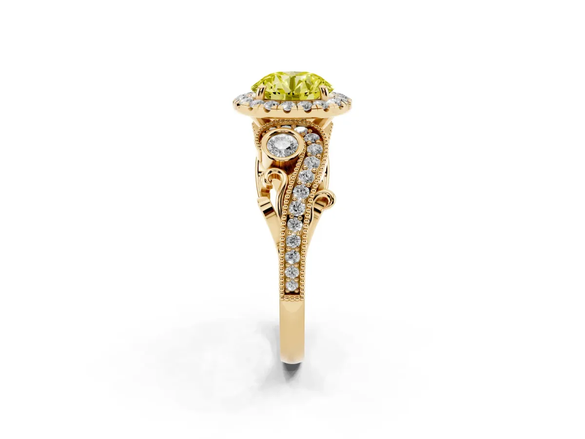 Fancy Yellow Round Cut Diamond Halo Ring with Milgrain Pavé Band and Four-Prong Setting Yellow gold