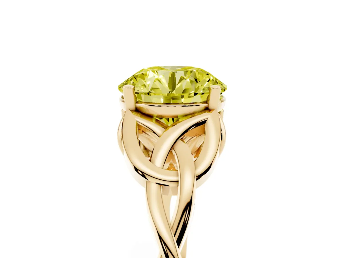 Fancy Yellow Round Cut Diamond Solitaire Engagement Ring with Celtic Knot Band and Four-Prong Setting Yellow gold