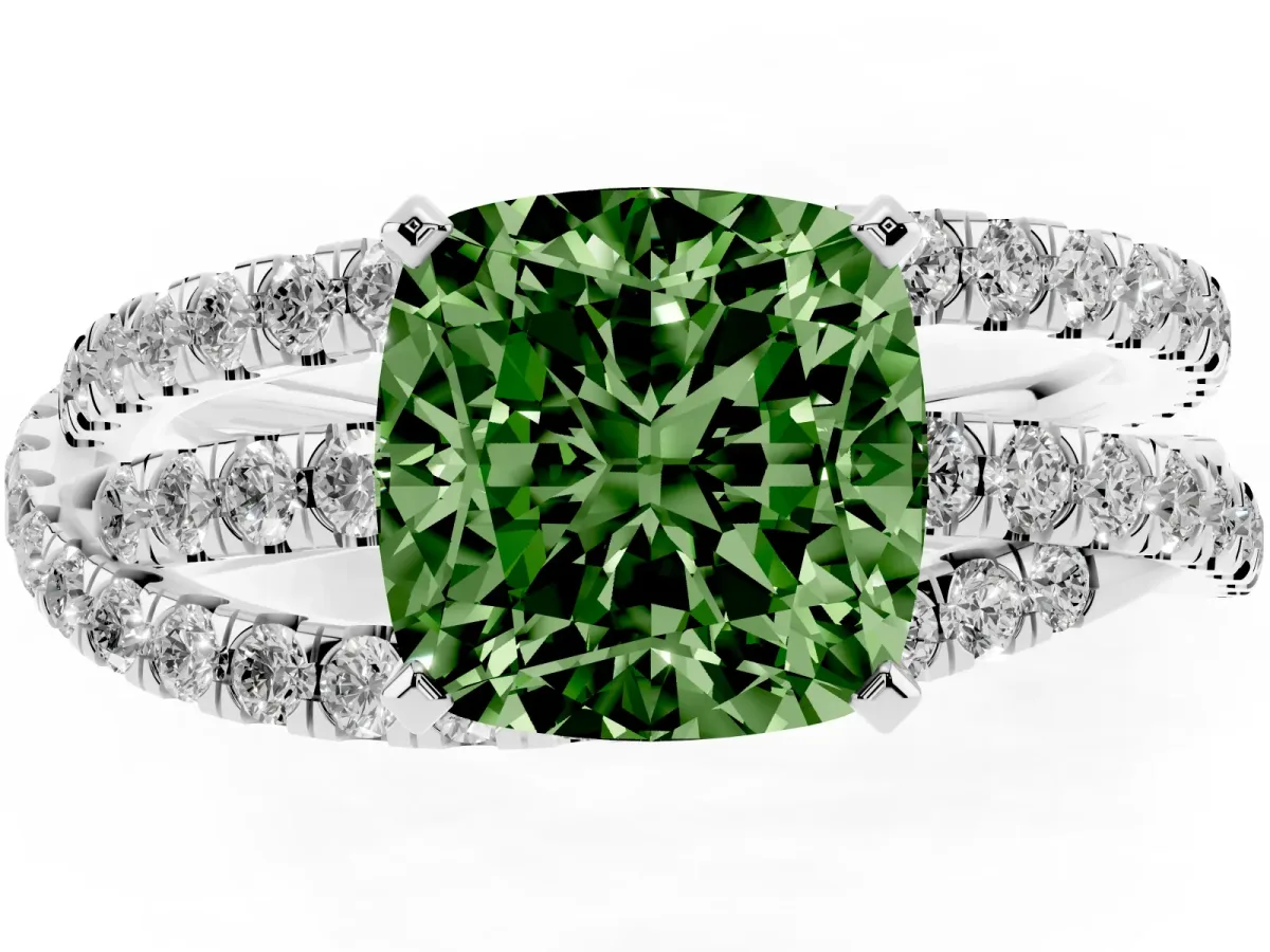 Fancy Green Cushion Cut Solitaire Twist Band with Pavé Setting and Four-Prong Setting Silver