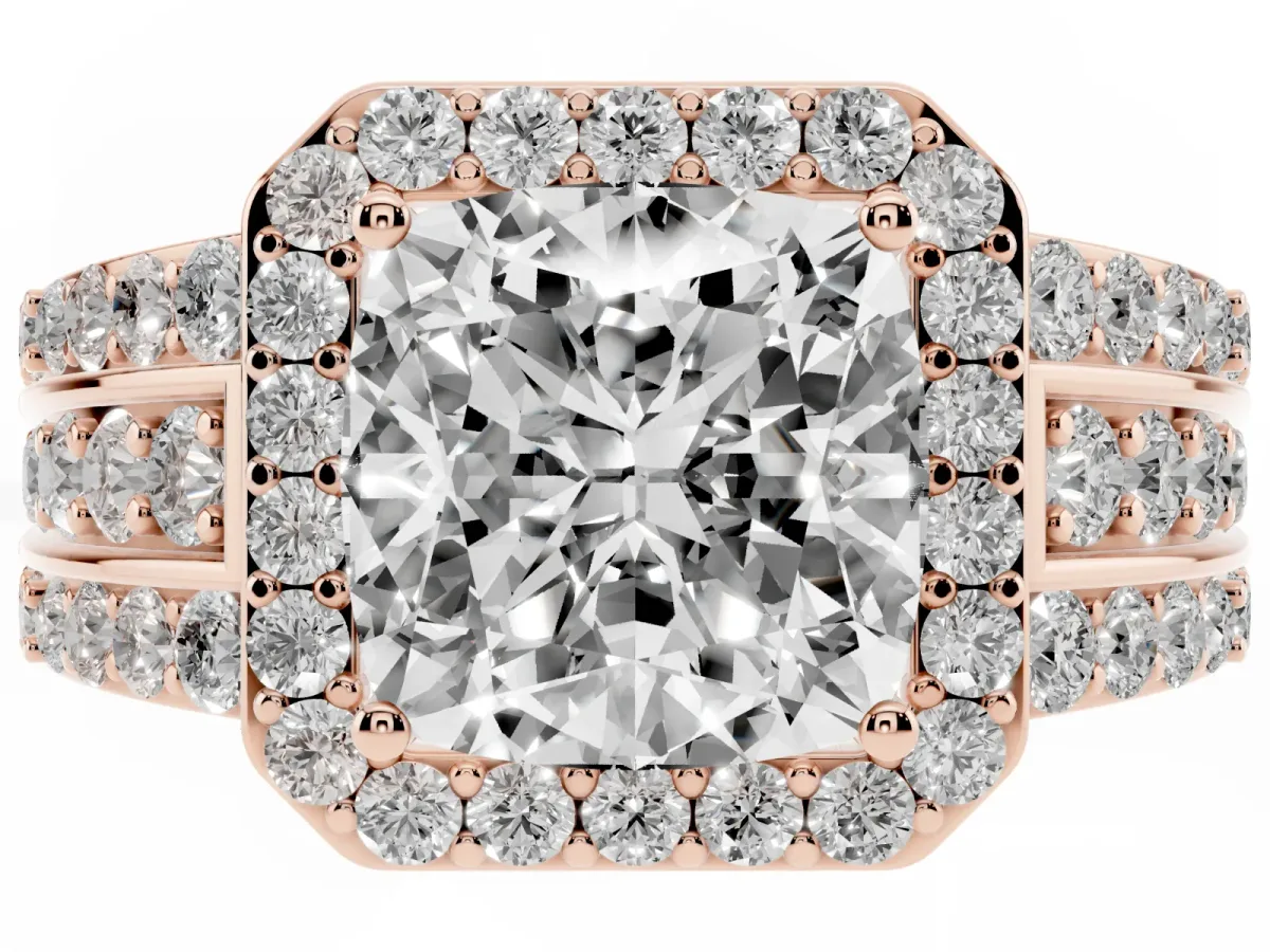 0.5 Carat Cushion Cut Halo Ring with Round Split Shank and Prong Setting Rose gold
