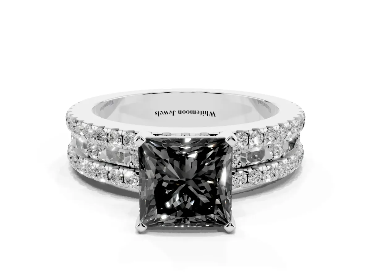 Fancy Black Princess Cut Diamond Solitaire Ring with Pavé and Channel Set Band Silver