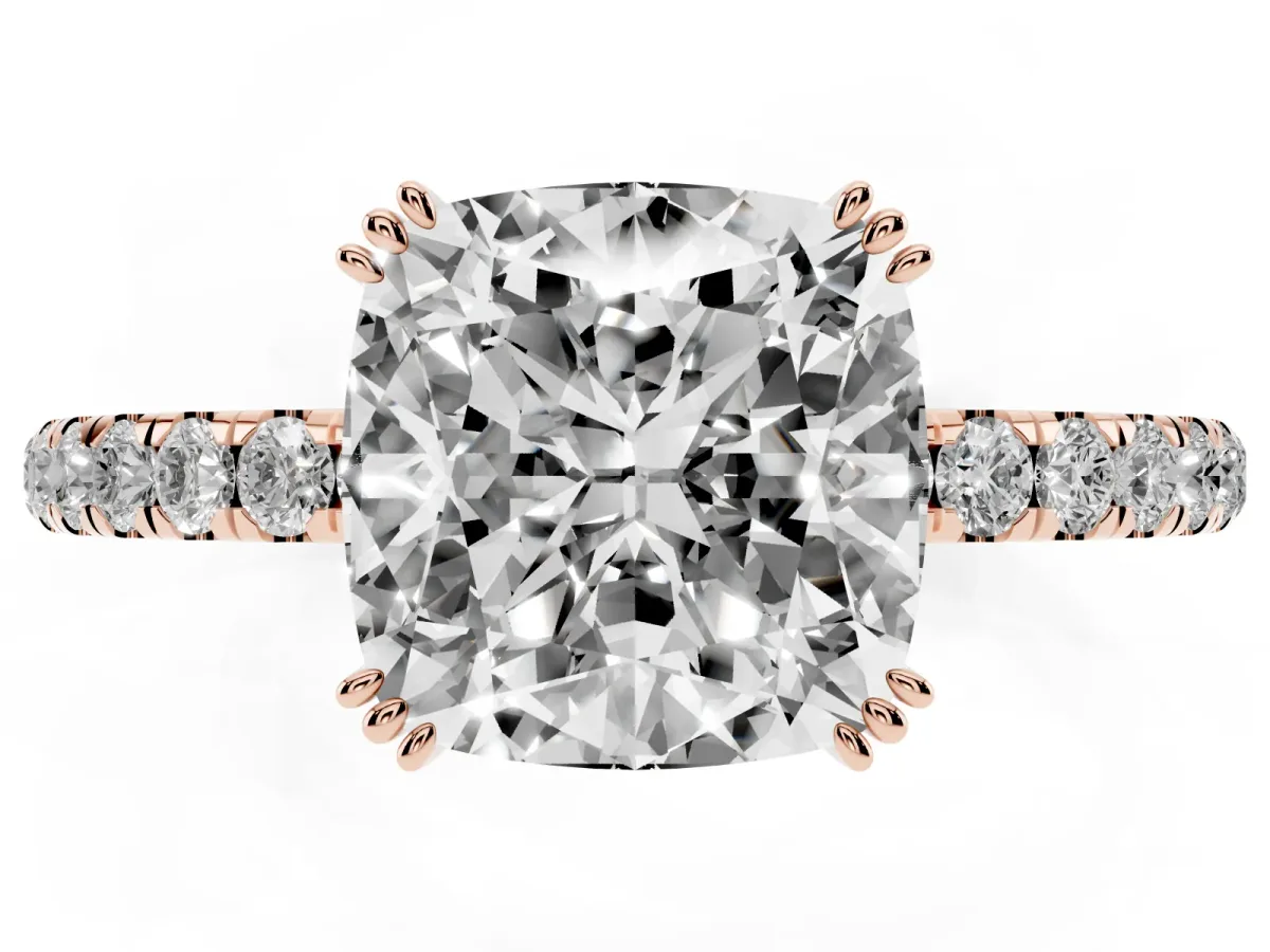 Cushion Cut Brilliant Solitaire with Pavé Band and Claw Prong Setting Rose gold