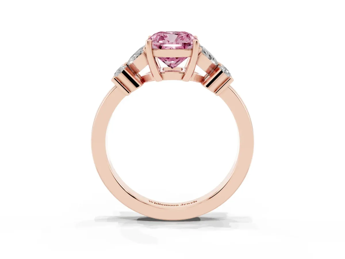Fancy Pink Cushion Cut Diamond Floral Cluster Ring with Solitaire Band and Prong Setting Rose gold