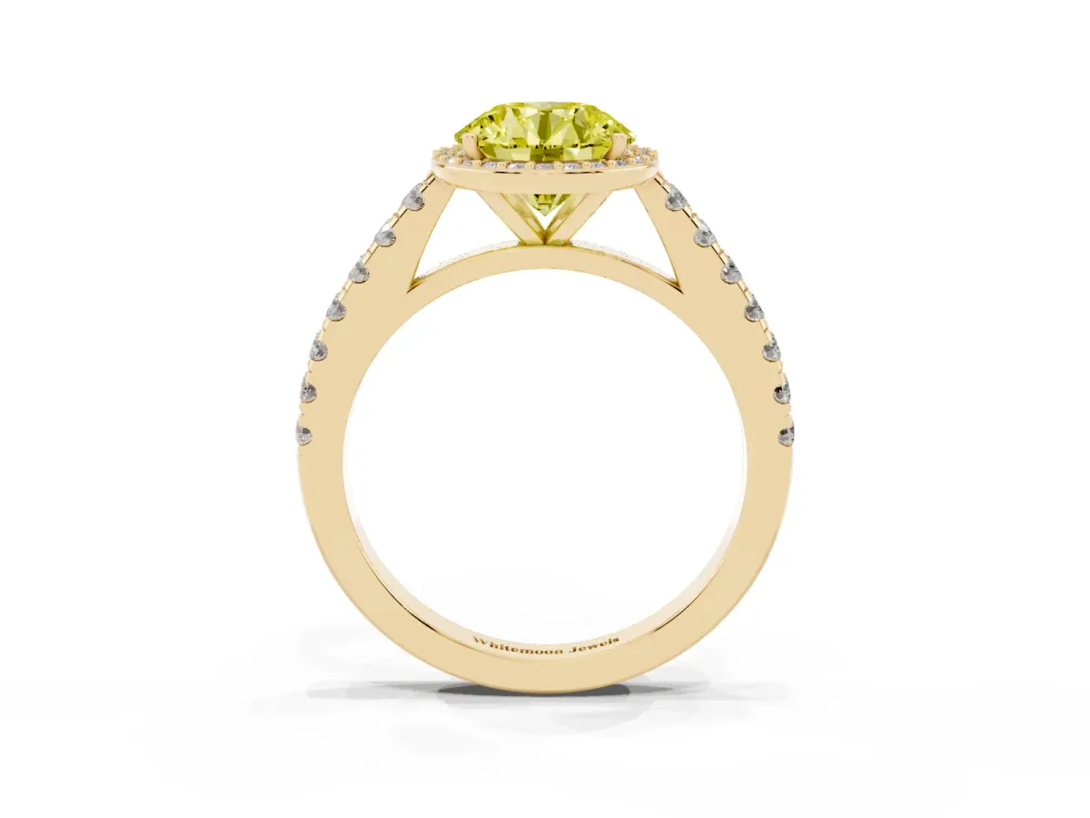 Fancy Yellow Round Cut Cut Halo Diamond Engagement Ring with Pave Band and Four-Prong Setting Yellow gold