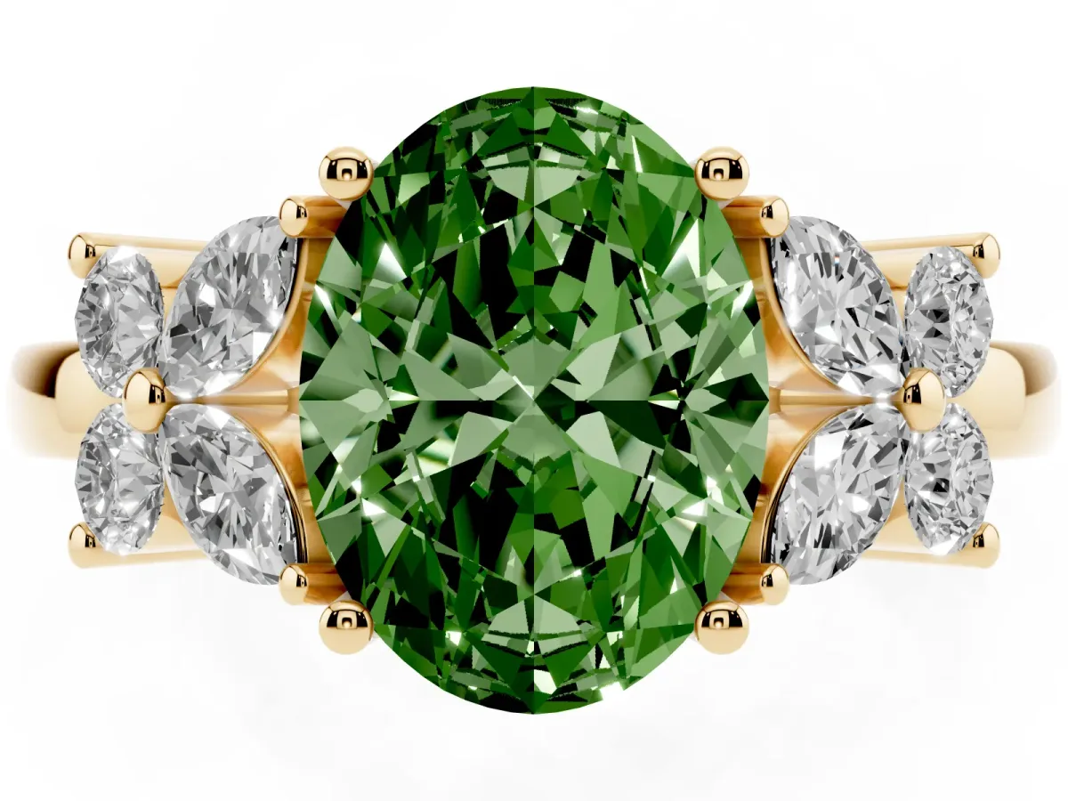 Fancy Green Oval Cut Diamond Floral Cluster Ring with Solitaire Band and Prong Setting Yellow gold
