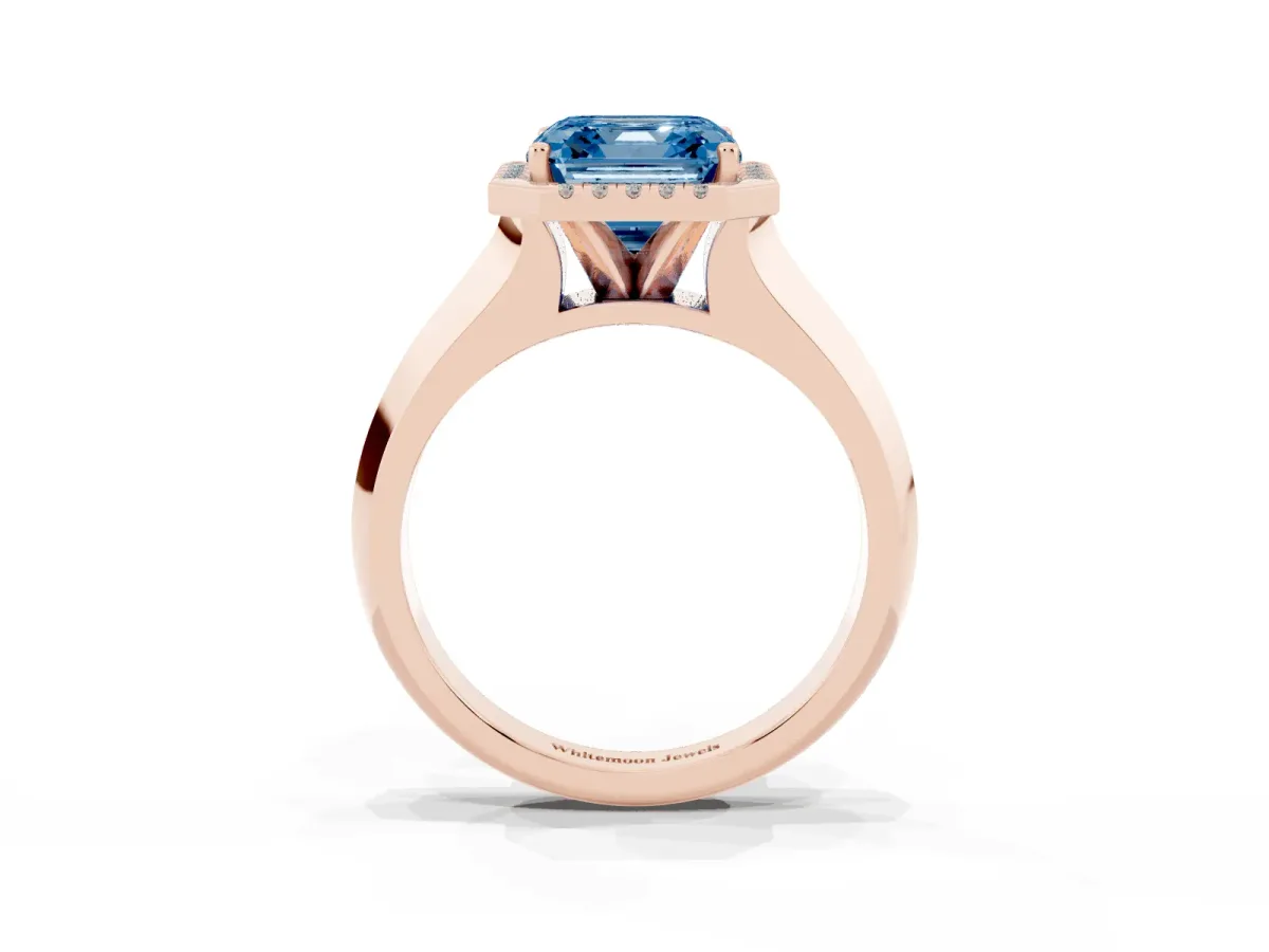 Fancy Blue Asscher Cut Halo Diamond Ring with Cathedral Band and Four-Prong Setting Rose gold