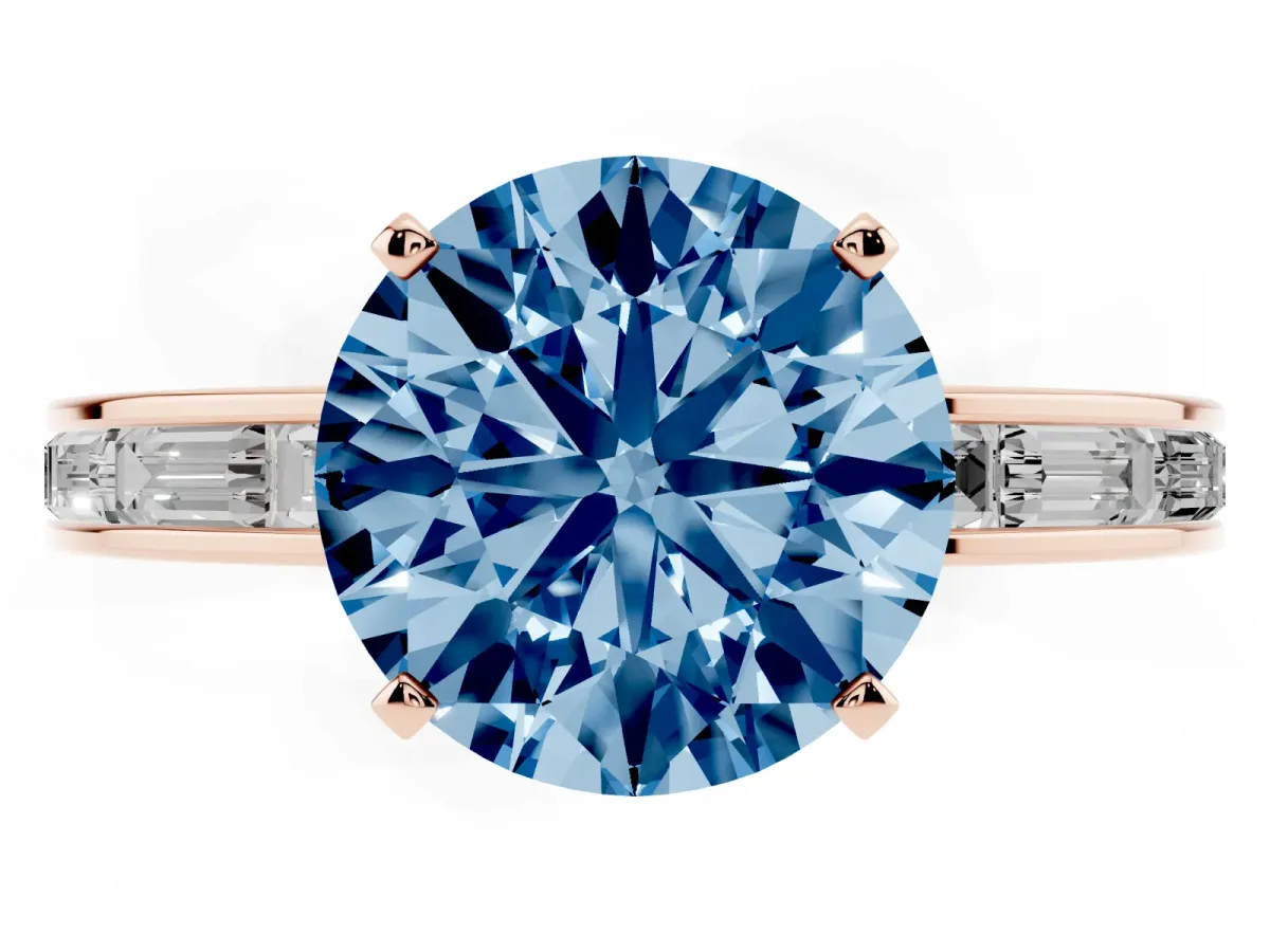 Fancy Blue Round Cut Solitaire Diamond Ring with Channel-Set Baguette Band and Four-Prong Setting Rose gold