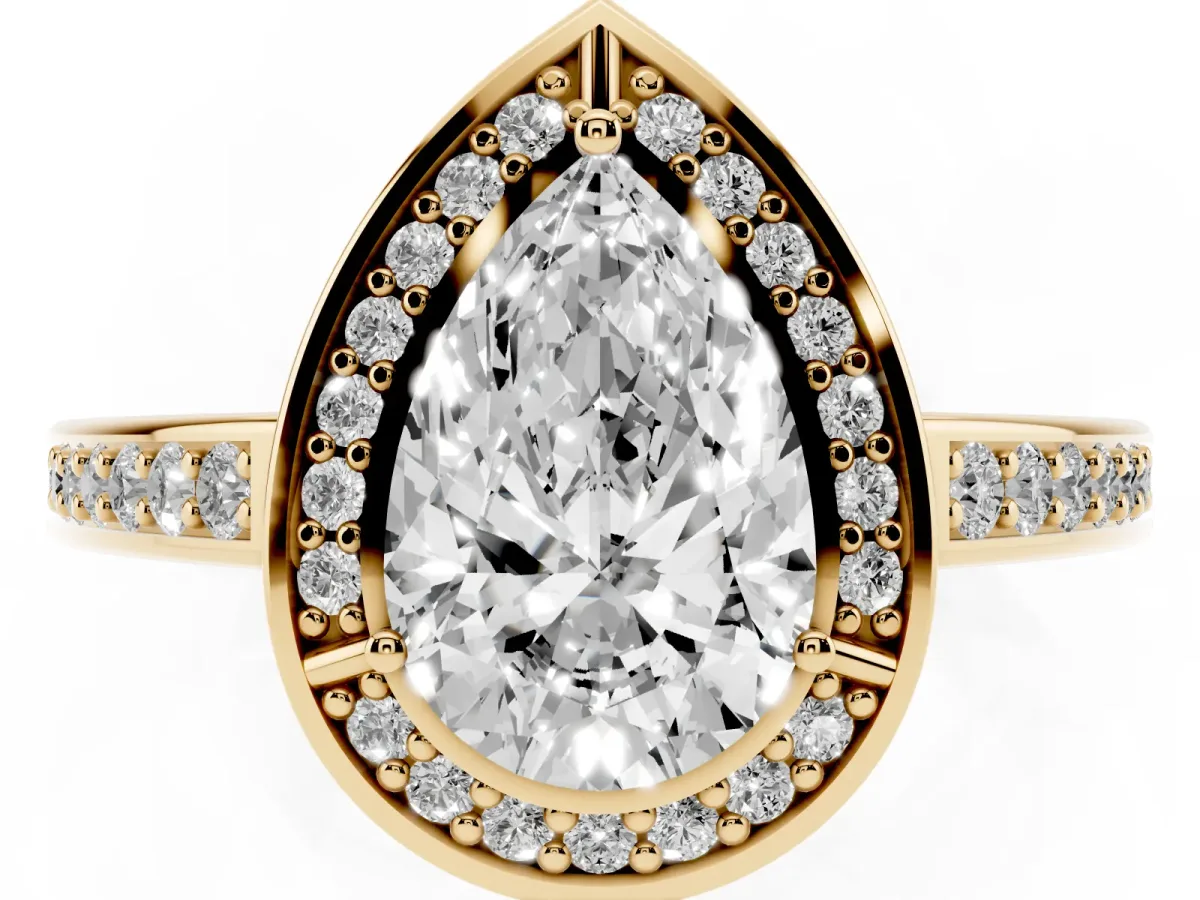Pear Cut Cut Halo Pave Split Shank Prong Setting Ring Yellow gold