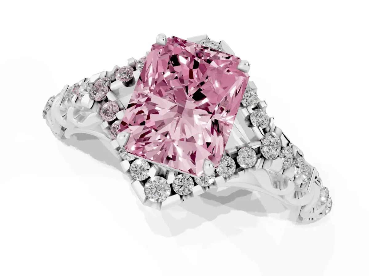 Fancy Pink Radiant Cut Diamond Solitaire Ring with Hidden Halo and Pavé Band Silver