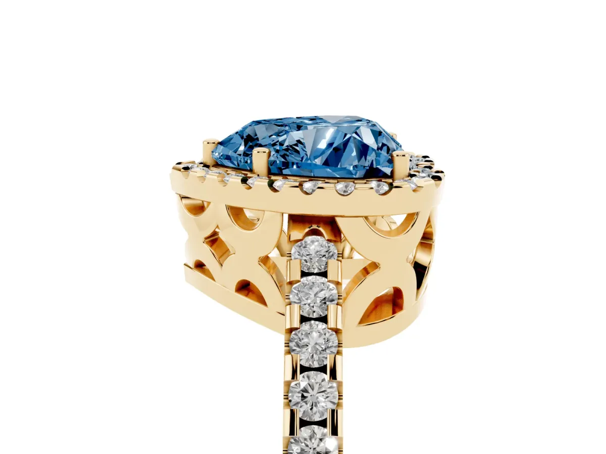 Fancy Blue Heart Cut Diamond Halo Engagement Ring with Pavé Band and Prong Setting Yellow gold