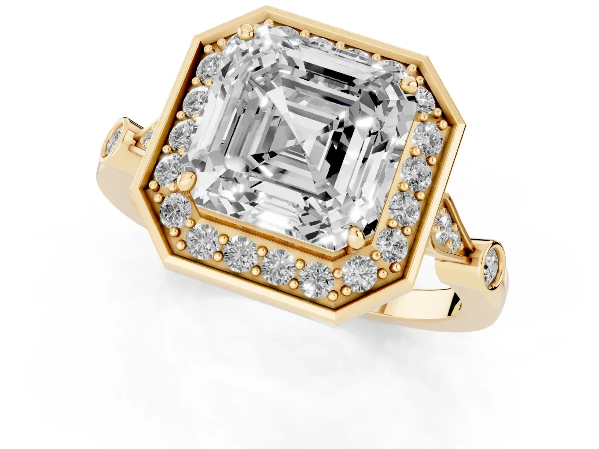 Asscher Cut Halo Diamond Engagement Ring with Twisted Band and Four-Prong Setting Yellow gold