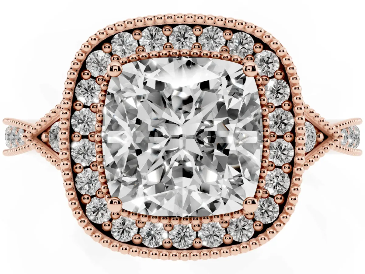 Cushion Cut Halo Round Diamond Milgrain Pave Engagement Ring Rose gold