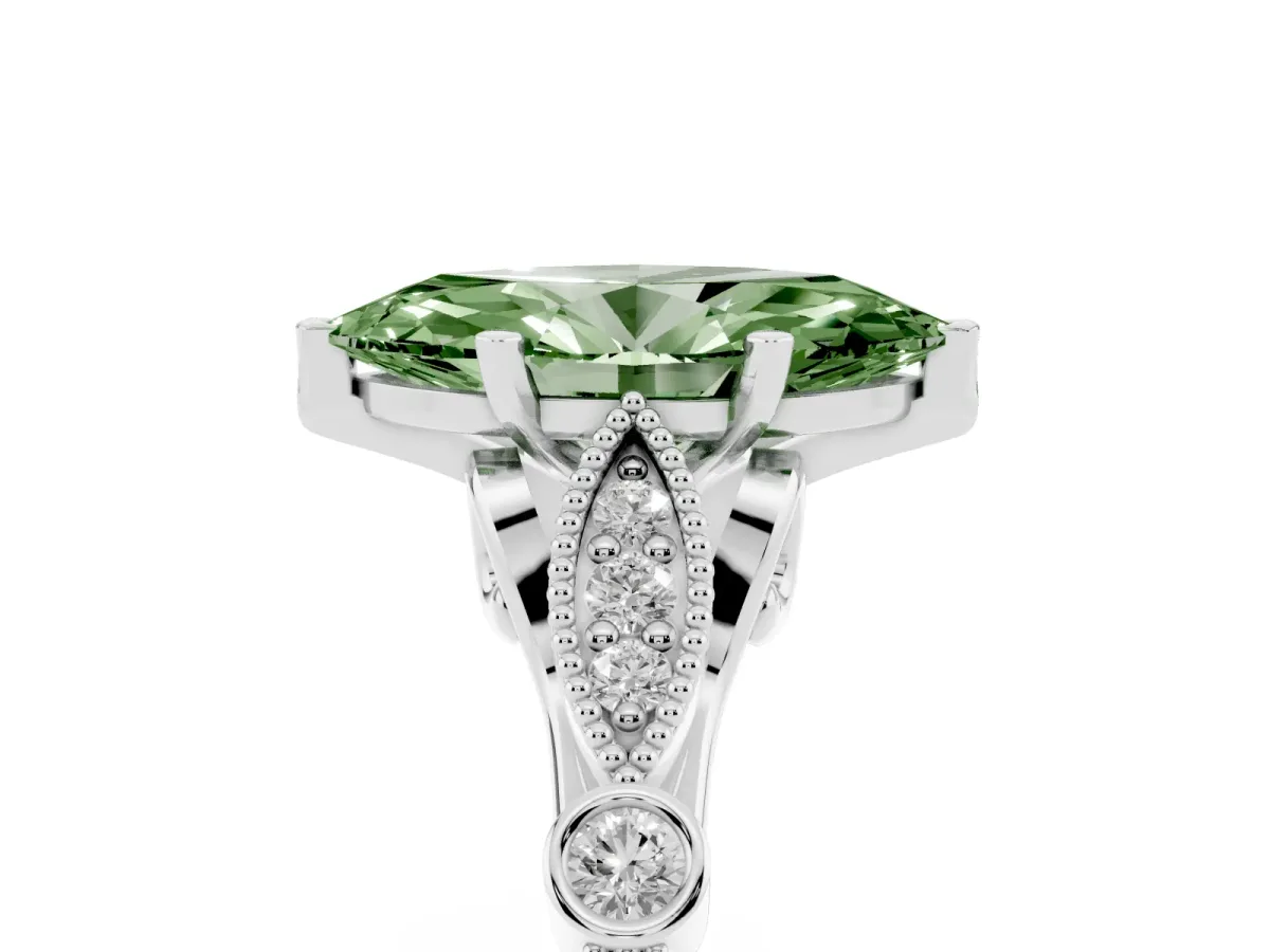Fancy Green Marquise Cut Cut Diamond with Milgrain Marquise and Bezel Accents on a Solitaire Band with Prong Setting White gold