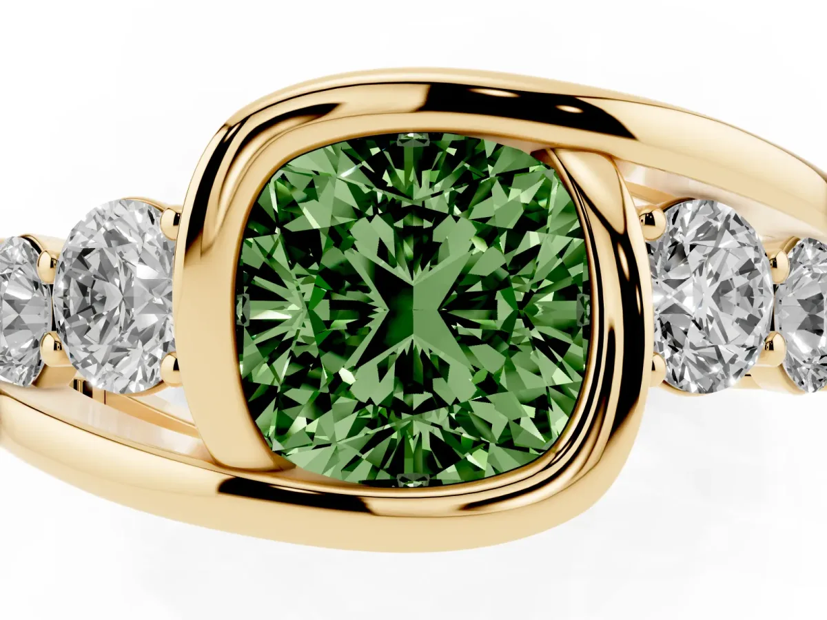 Fancy Green Bezel Set Cushion Cut Diamond Bypass Ring with Round Accents Yellow gold