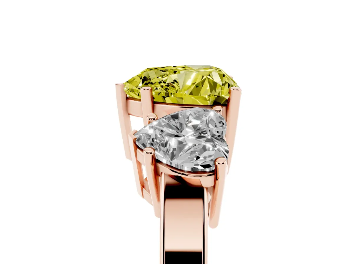 Fancy Yellow Three-Stone Heart Cut Cut Diamond Engagement Ring with Flat Band and Four-Prong Setting Rose gold