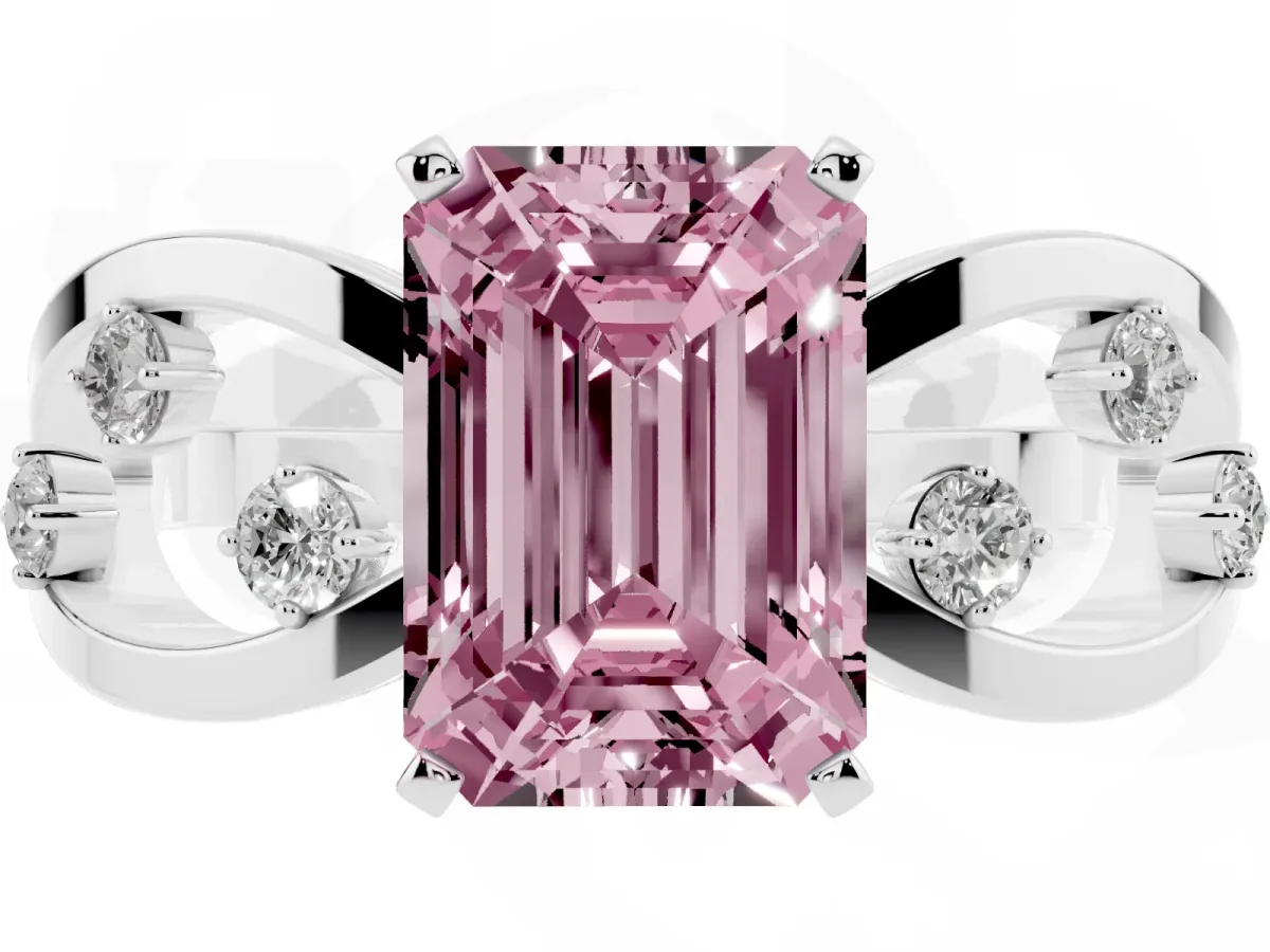 Fancy Pink Emerald Cut Cut Solitaire Diamond with Side Stones on Criss-Cross Band and Four-Prong Setting Silver