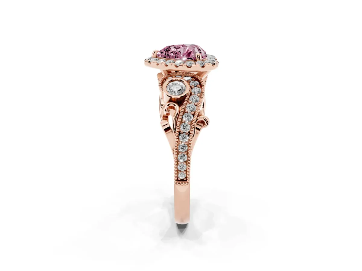 Fancy Pink Heart Cut Diamond Halo Ring with Milgrain Pavé Band and Four-Prong Setting Rose gold