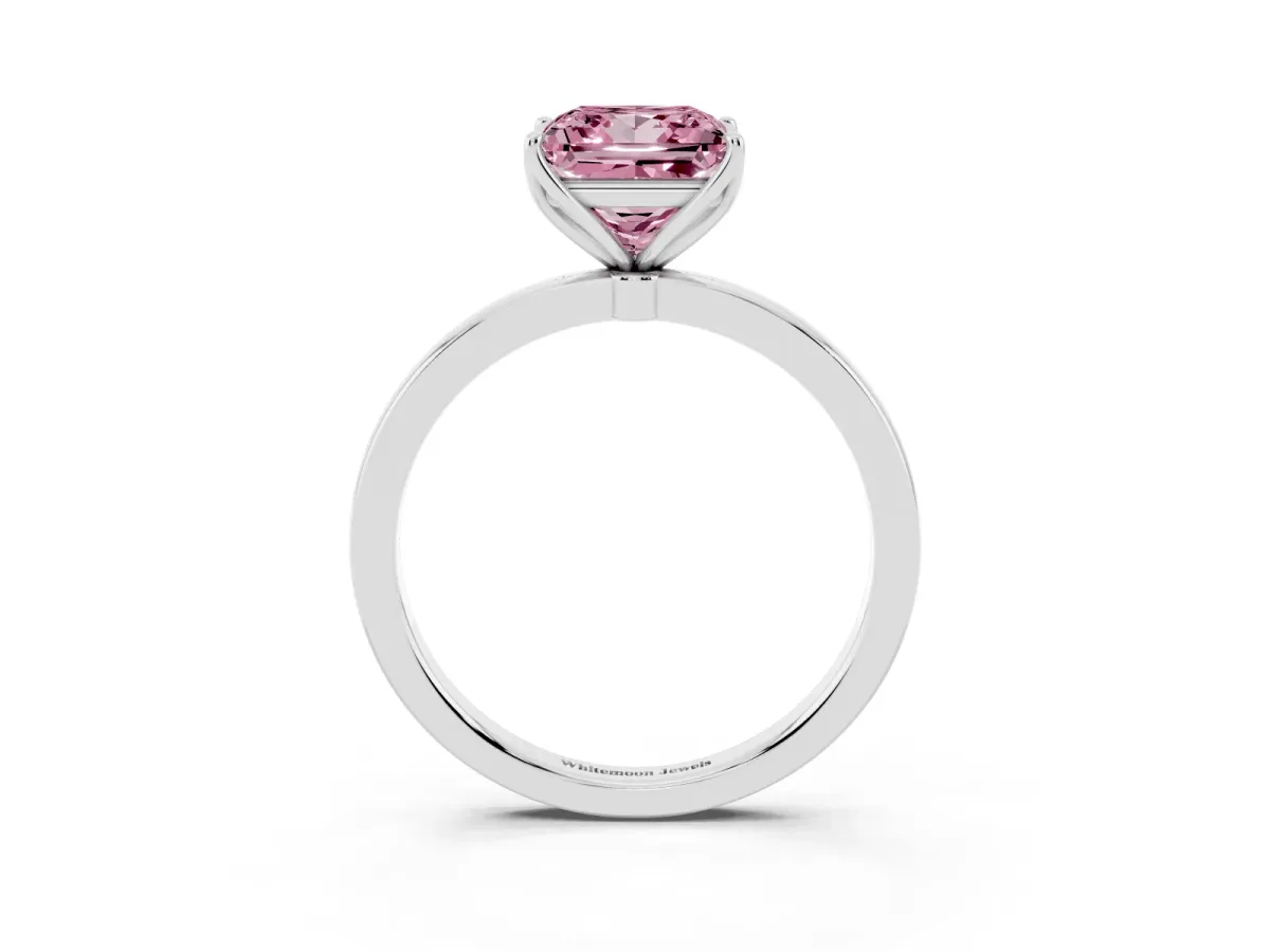 Fancy Pink Princess Cut Diamond Solitaire Ring with Thin Band and Prong Setting Silver