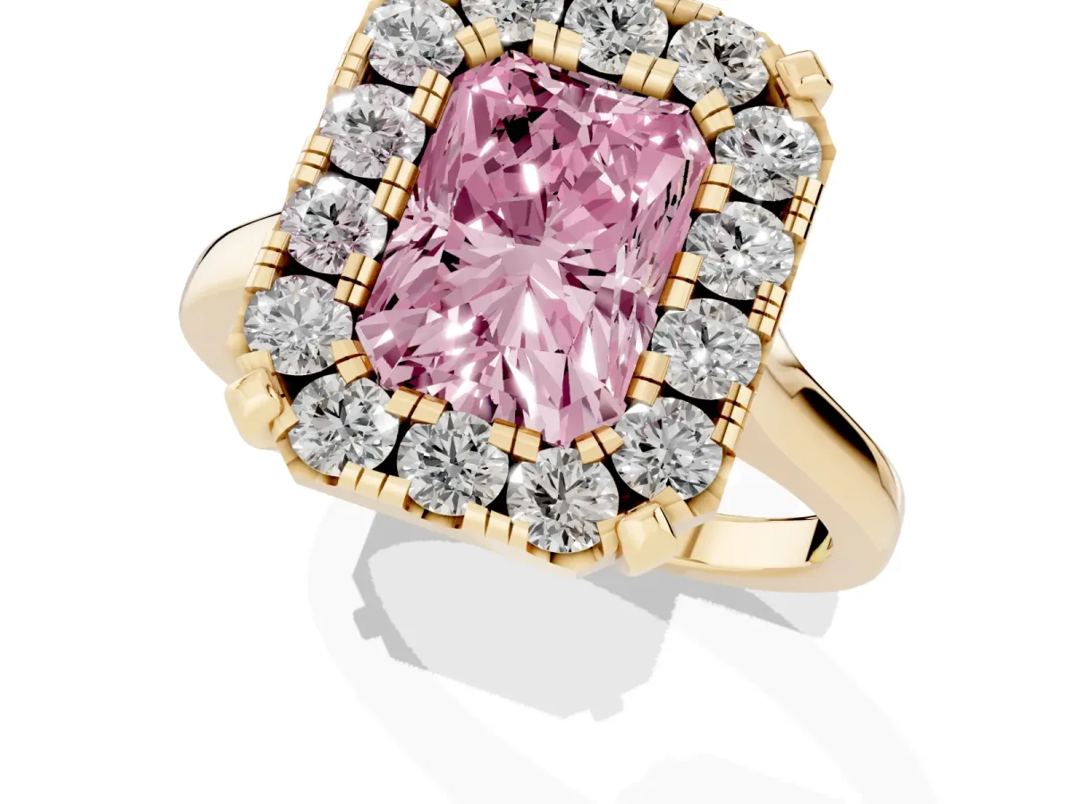 Fancy Pink Radiant Cut Diamond Cluster Halo Solitaire with Four-Prong Setting Yellow gold