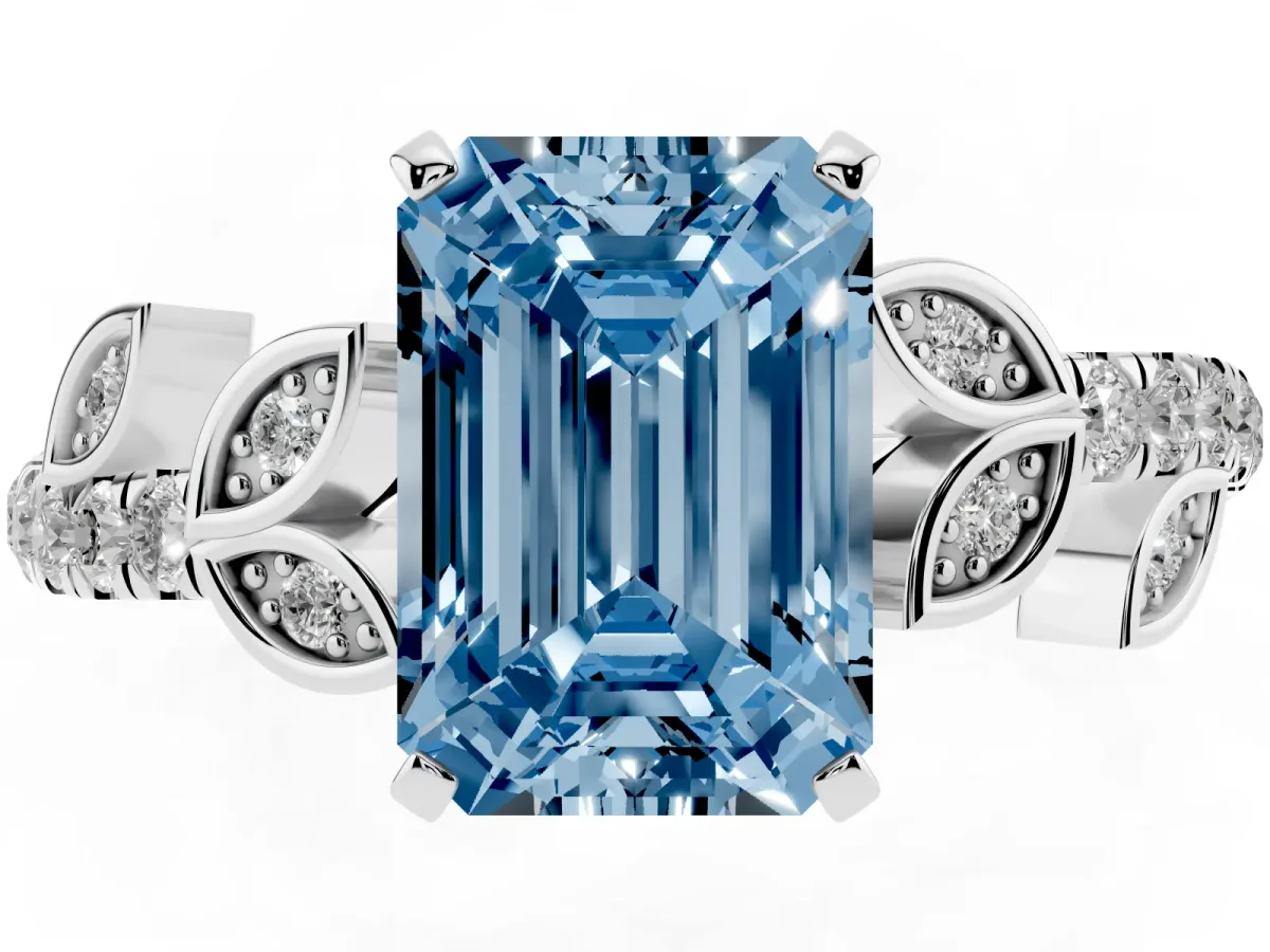 Fancy Blue Emerald Cut Solitaire Leaf-Inspired Diamond Ring with Pavé Band and Four-Prong Setting Silver