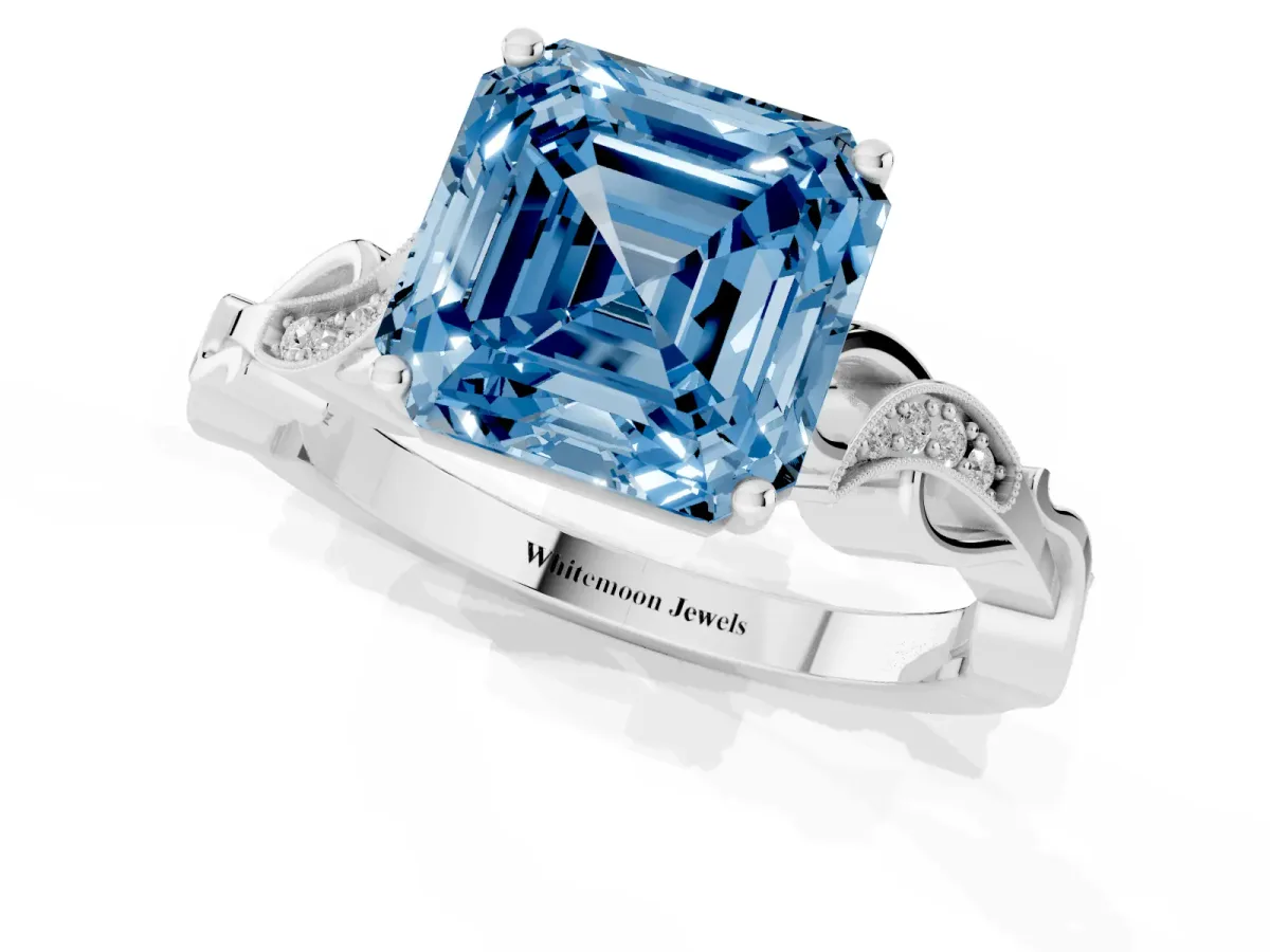 Fancy Blue Asscher Cut Solitaire Vine Band with Milgrain Prong Setting Silver